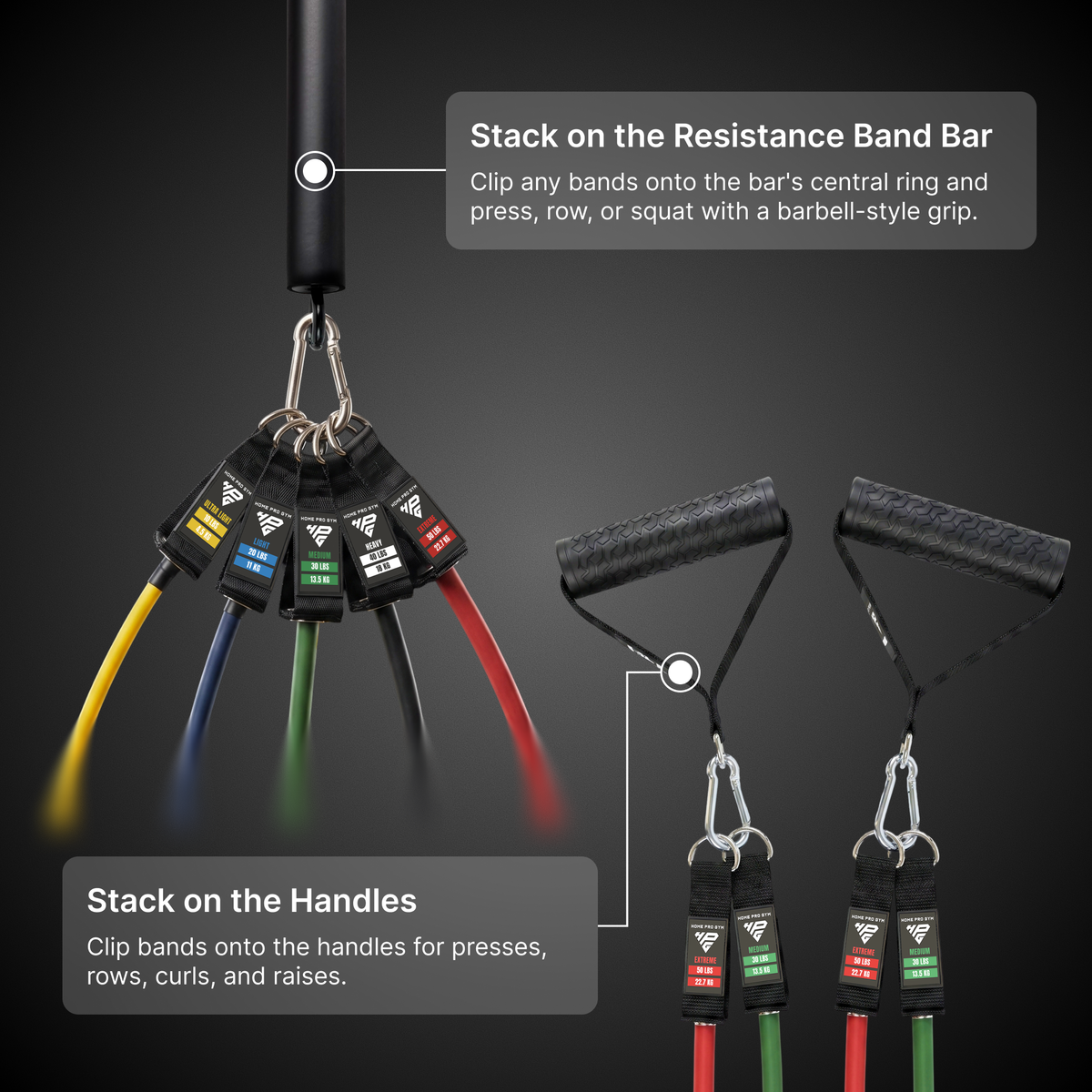 Resistance bands stacked on the Resistance Band Bar for presses, rows and squats, and on handles for curls and raises.