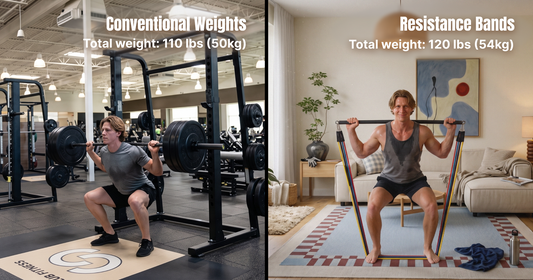Side by side: a man squatting with a loaded barbell in a commercial gym, and the same squat at home with stackable resistance bands on a bar
