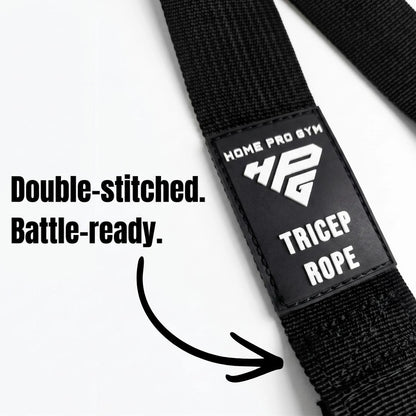Close-up of the double-stitched HomeProGym Tricep Rope label on the LiteRope webbing