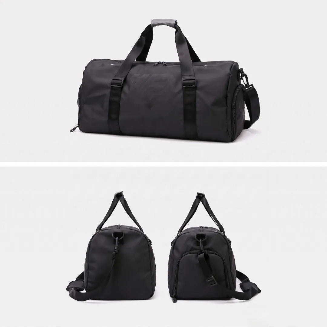 GymRoam 30L Duffle Bag with its removable shoulder strap attached, shown with two end-on views