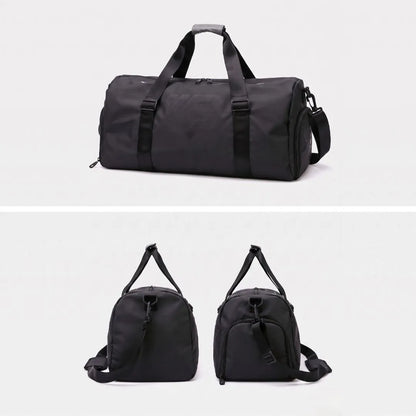 GymRoam 30L Duffle Bag with its removable shoulder strap attached, shown with two end-on views