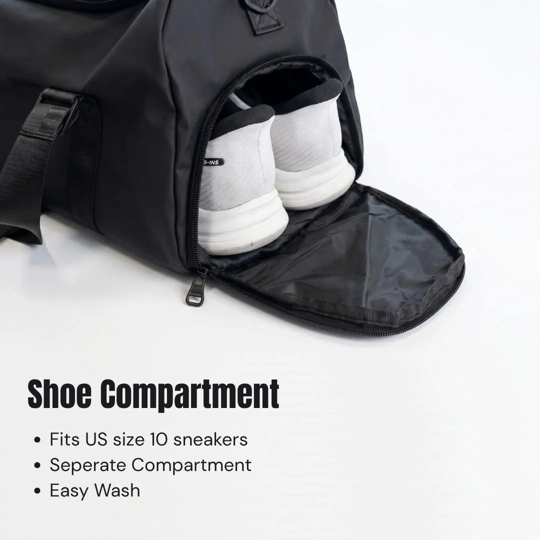 Open side shoe compartment of the GymRoam 30L Duffle Bag holding a pair of white sneakers