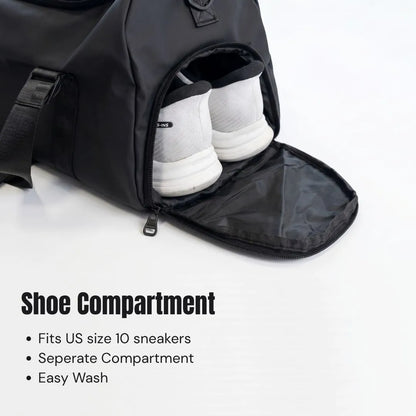Open side shoe compartment of the GymRoam 30L Duffle Bag holding a pair of white sneakers