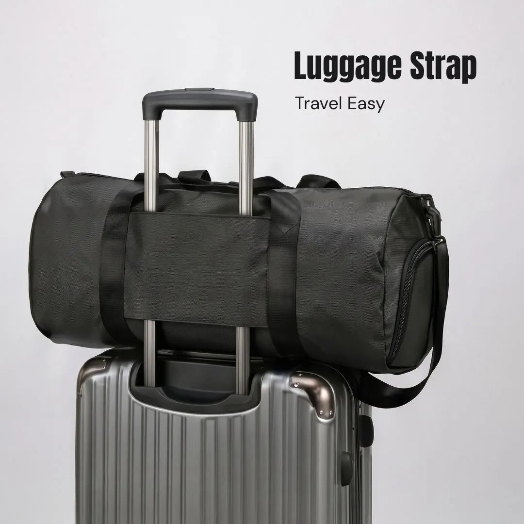 Luggage strap of the GymRoam 30L Duffle Bag sliding over the handle of a rolling suitcase