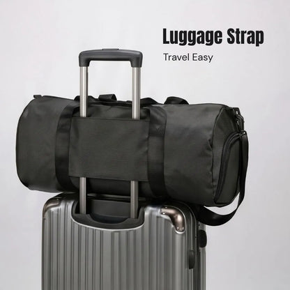Luggage strap of the GymRoam 30L Duffle Bag sliding over the handle of a rolling suitcase