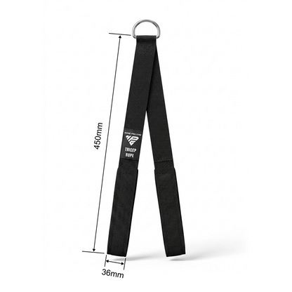 LiteRope Foldable Tricep Rope dimensions diagram: 450mm long, 36mm wide nylon webbing