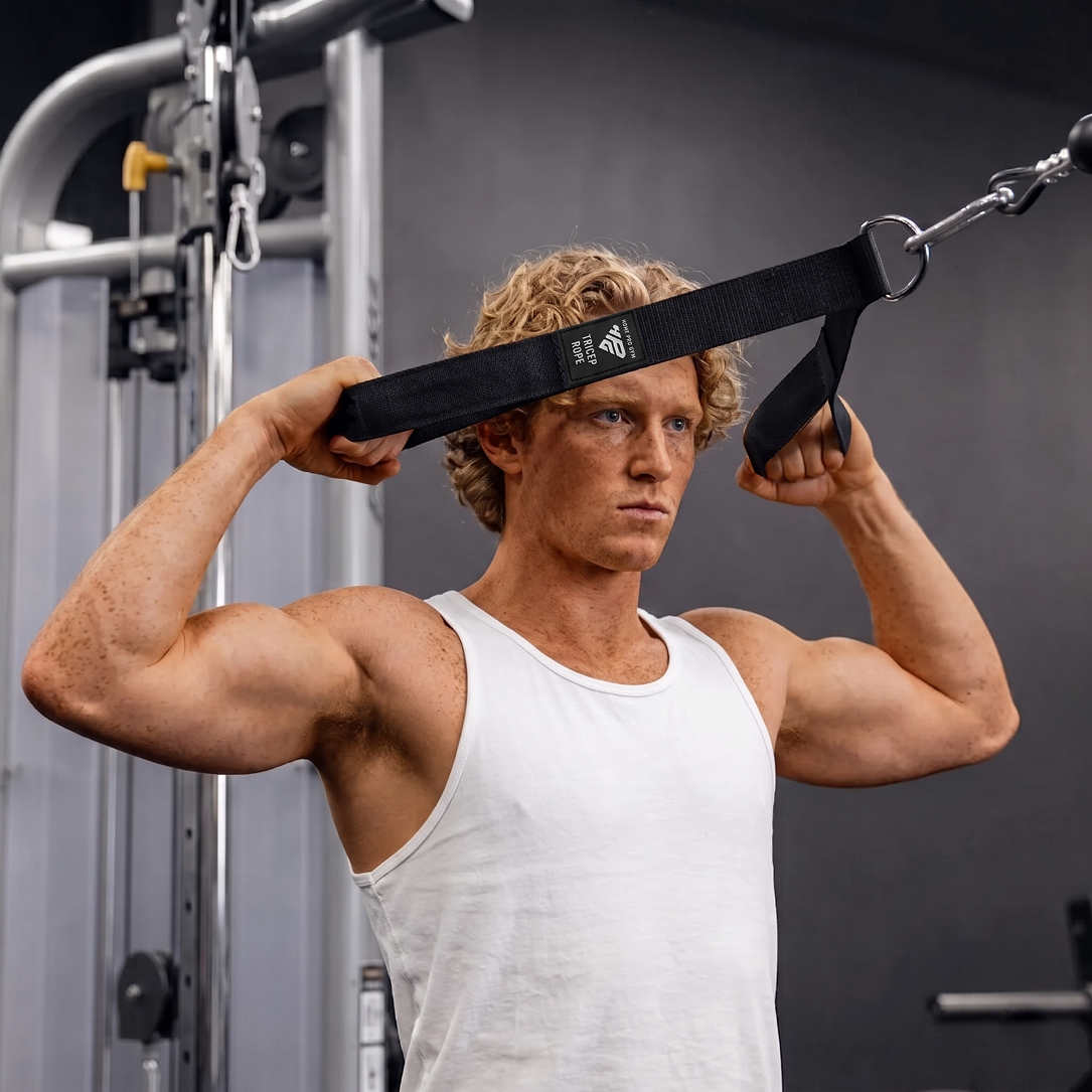 Man training with the LiteRope Foldable Tricep Rope attached to a gym cable machine