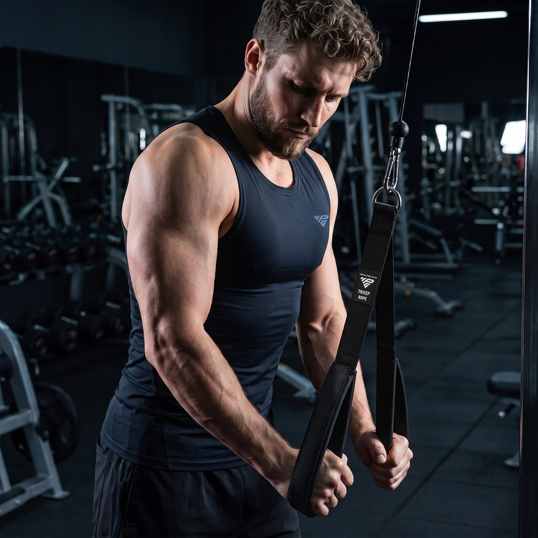 Man performing a tricep pushdown with the LiteRope Foldable Tricep Rope on a gym cable machine