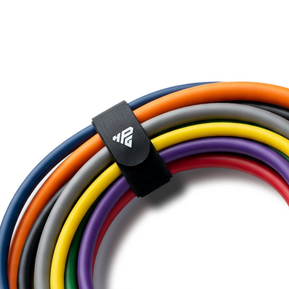 Clinch Band Storage Strap wrapped around a fan of colored HomeProGym Resistance Bands