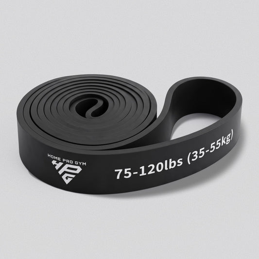 HomeProGym 120lbs (55kg) Power Band: black loop resistance band, coiled, printed 75-120lbs (35-55kg).