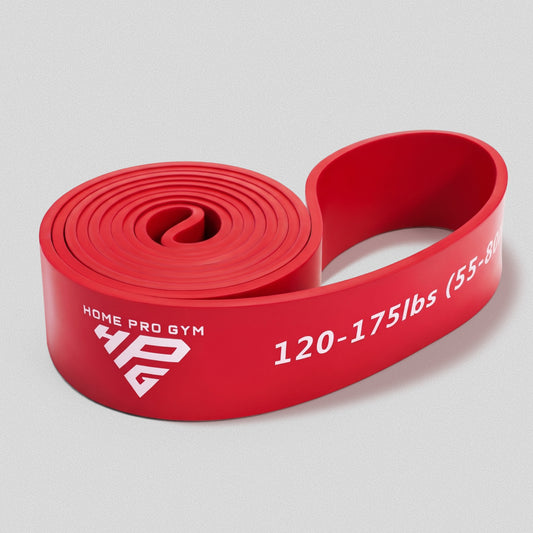 HomeProGym 175lbs (80kg) Power Band: red loop resistance band, coiled, printed 120-175lbs (55-80kg).