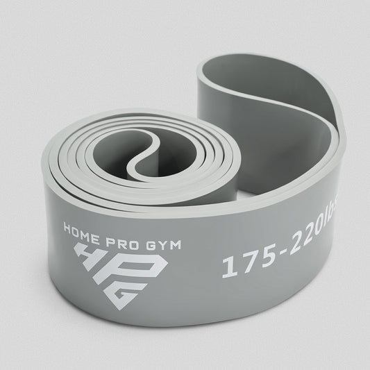 HomeProGym 220lbs (100kg) Monster Power Band: wide grey loop resistance band, coiled, printed 175-220lbs.