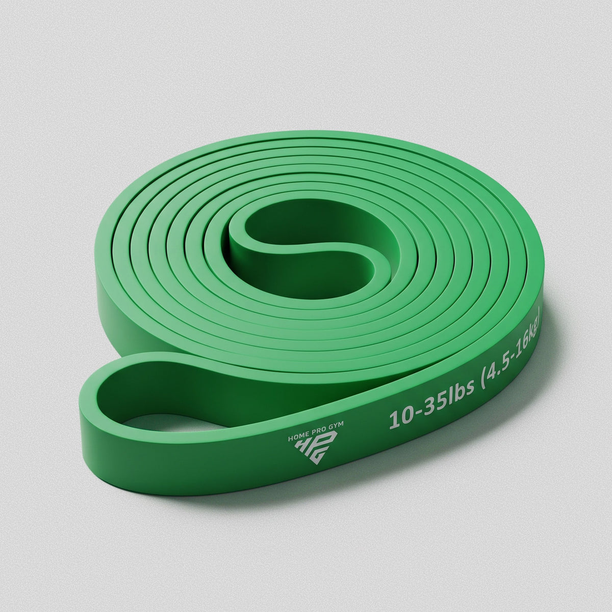 HomeProGym 35lbs (16kg) Power Band: green loop resistance band, coiled, printed 10-35lbs (4.5-16kg).