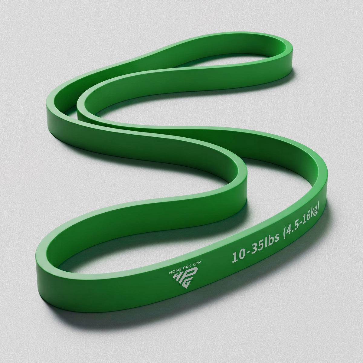 Green 35lbs Power Band laid out flat, showing the HomeProGym logo and 10-35lbs (4.5-16kg) rating.