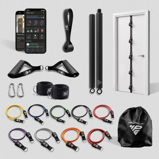 HomeProGym PowerTube 450 lb Set with Bar and Ultra Door Anchor: 9 tube resistance bands with handles and accessories.