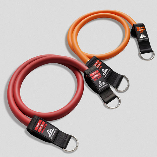 HomeProGym 170 lb add-on pair: orange Mega 80 lb (37 kg) and deep red Mega Plus 90 lb (41 kg) tube resistance bands.