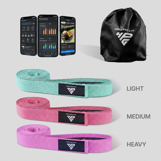 HomeProGym Body Band Set: Light, Medium and Heavy long fabric resistance bands with drawstring bag and workout app.
