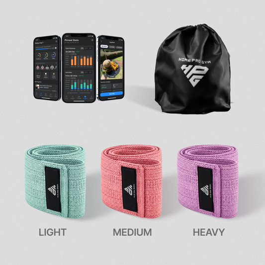 HomeProGym Booty Band Set: Light, Medium and Heavy fabric hip bands with drawstring bag and workout app.