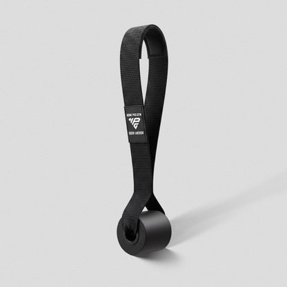 HomeProGym Door Anchor: black nylon loop strap with a foam stopper and steel grommet.