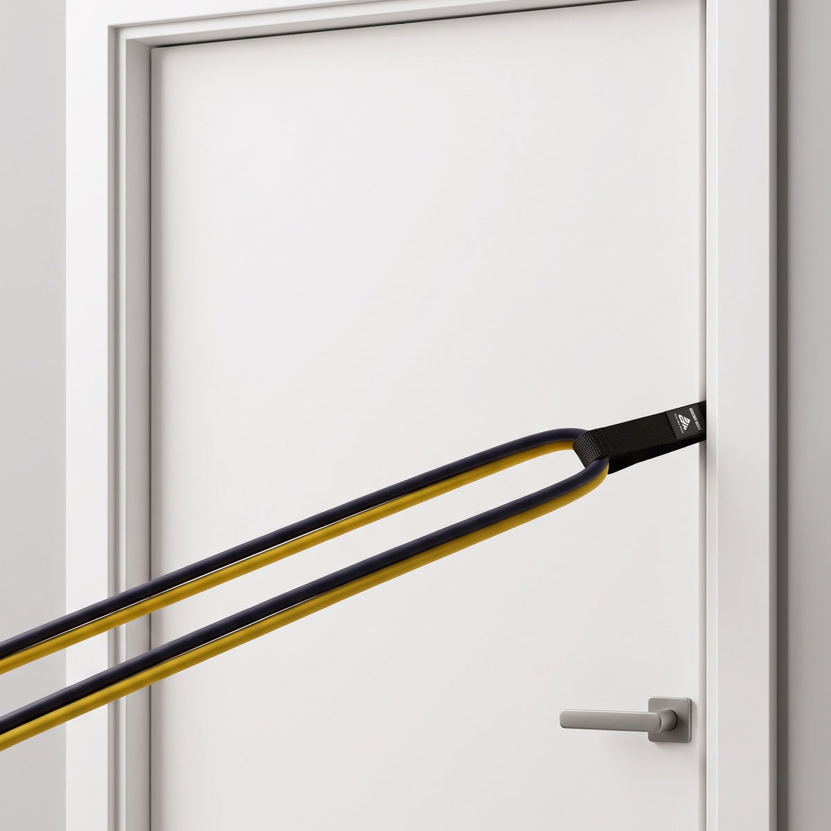 Door Anchor set in the side edge of a door above the handle with a band looped through it.