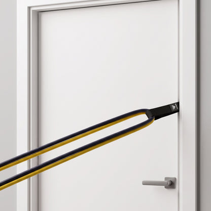 Door Anchor set in the side edge of a door above the handle with a band looped through it.