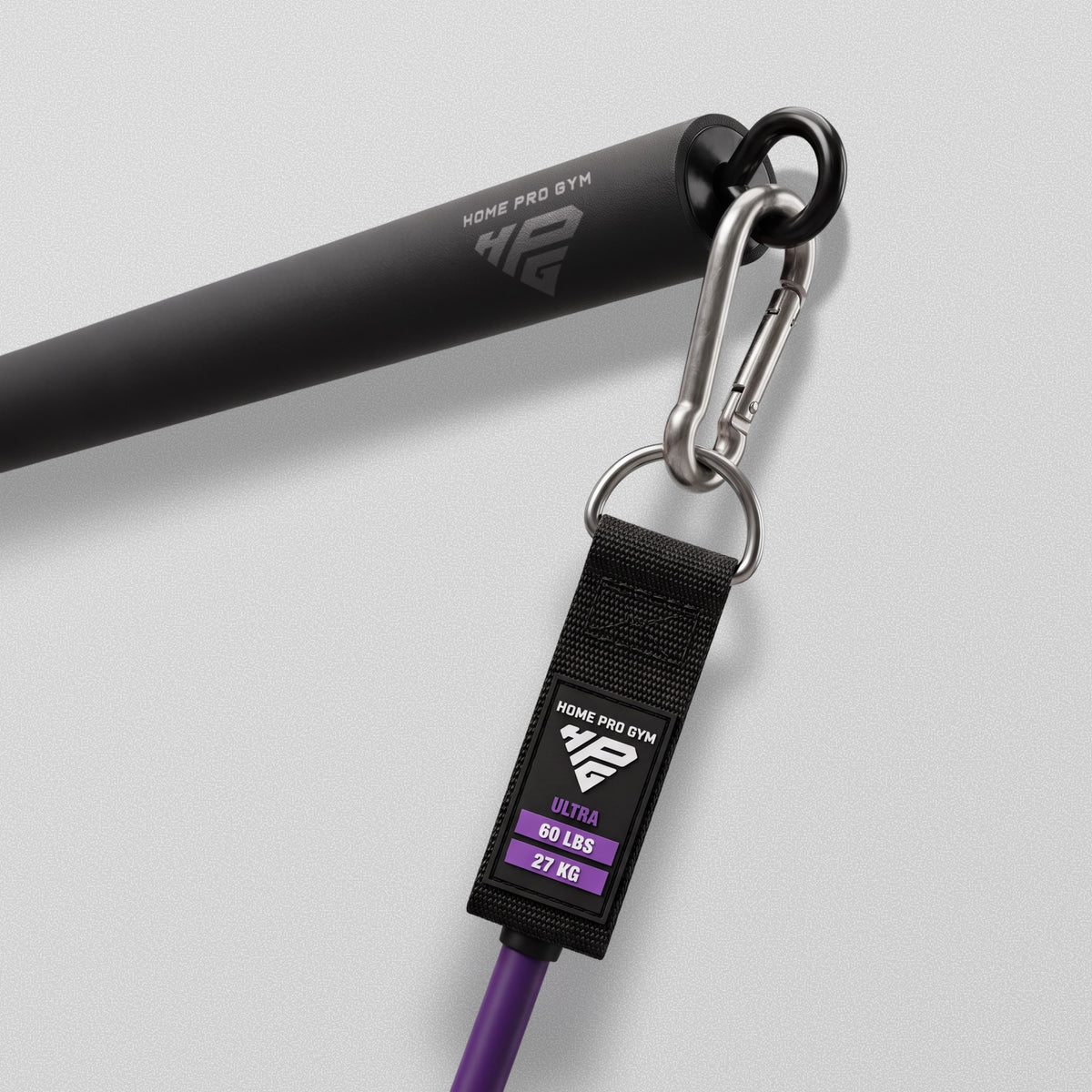 Carabiner clipping a HomeProGym band to the eye bolt of the Resistance Band Bar.