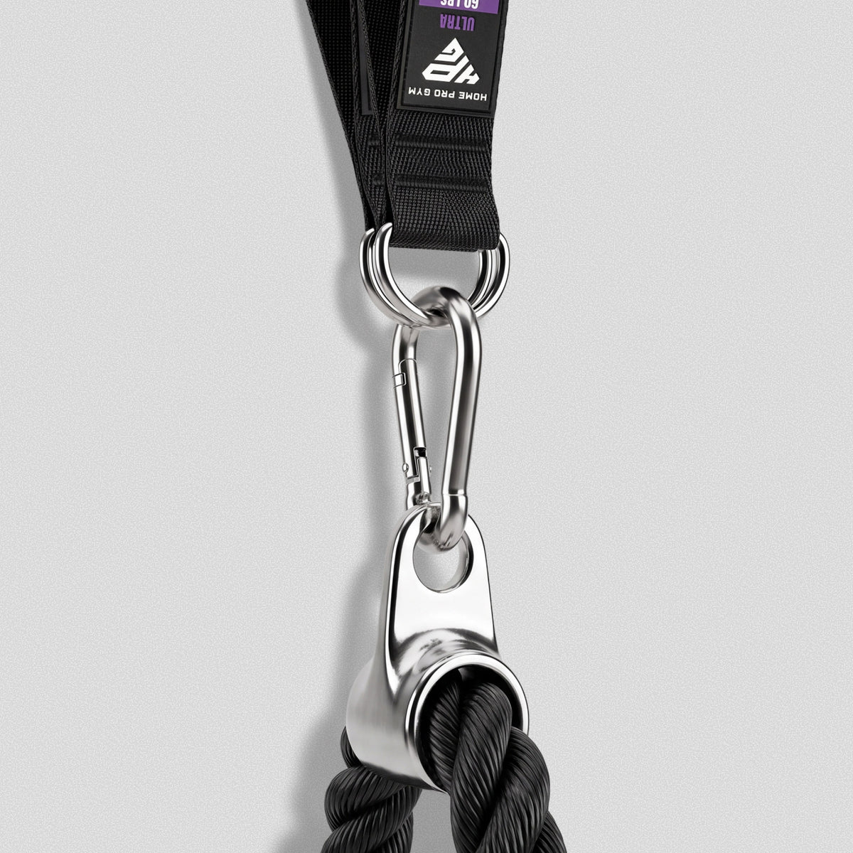 Carabiner joining a HomeProGym band strap to the Tricep Rope attachment.