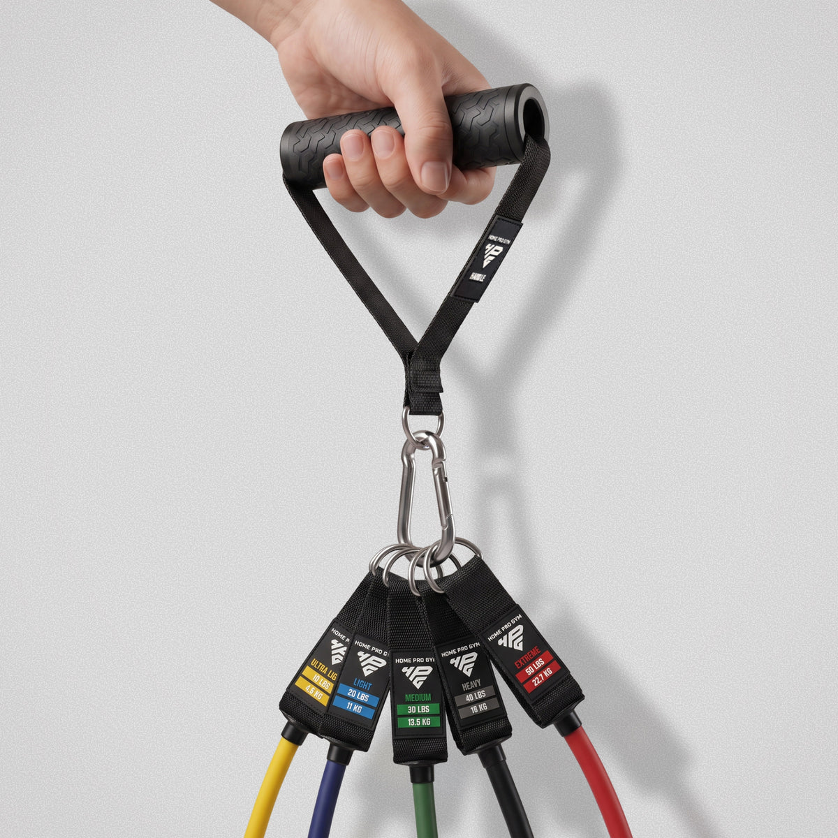 Five colour-coded HomeProGym bands clipped to one handle with a single carabiner.