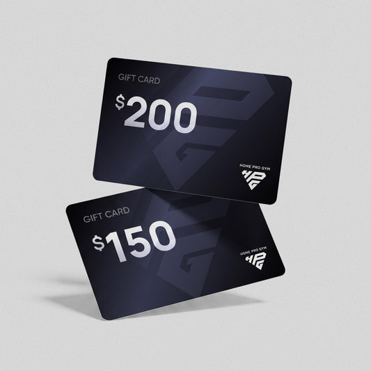 HomeProGym Gift Card: two dark navy cards with the HPG logo, a $200 card standing behind a $150 card.