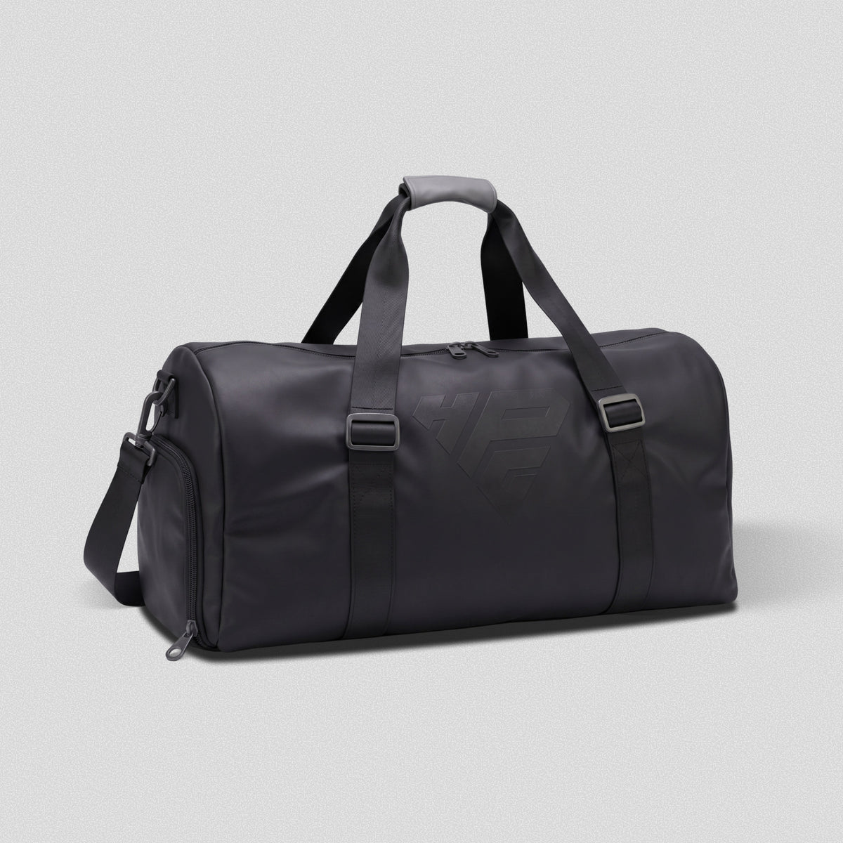 HomeProGym GymRoam 30L Duffle Bag: black duffle with top handles, shoulder strap and side shoe pocket.