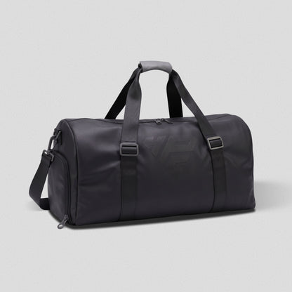 HomeProGym GymRoam 30L Duffle Bag: black duffle with top handles, shoulder strap and side shoe pocket.