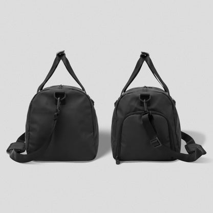 GymRoam 30L Duffle Bag from both ends, showing the shoe pocket side and the plain side.