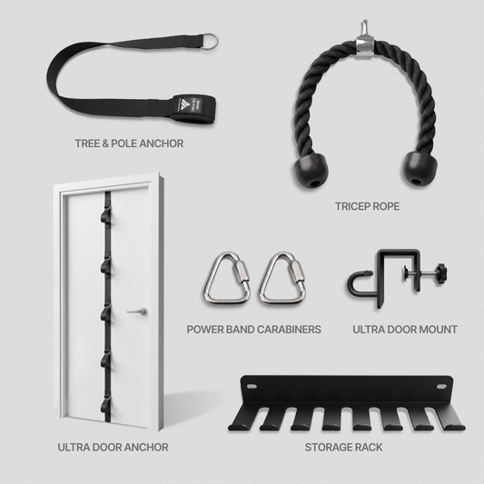 Mega Accessories Bundle: Tree & Pole Anchor, Tricep Rope, Power Band Carabiners, Ultra Door Mount and Anchor, Storage Rack.