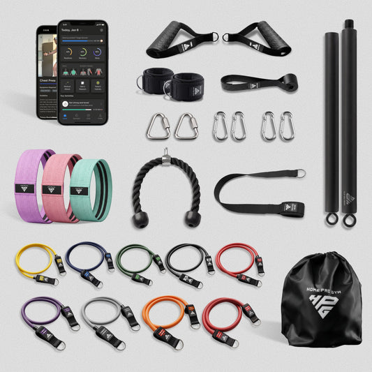 HomeProGym Mega Bundle: 9 tube resistance bands with handles to 450 lb, Booty Band Set, Resistance Bar and accessories.