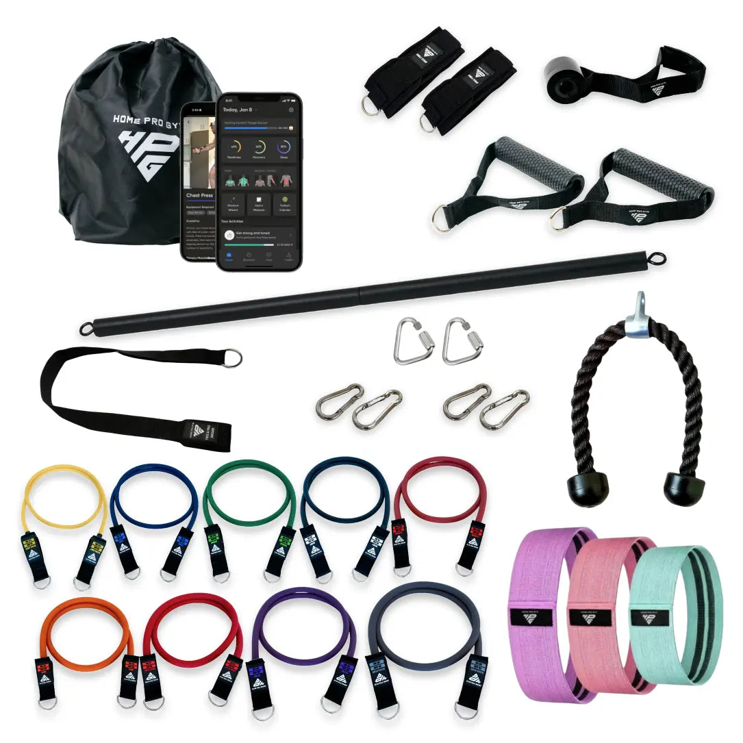 HomeProgym Mega Bundle with PowerTube Stackable Bands Set and NylonFelt Resistance Bands with full complementary accessories.