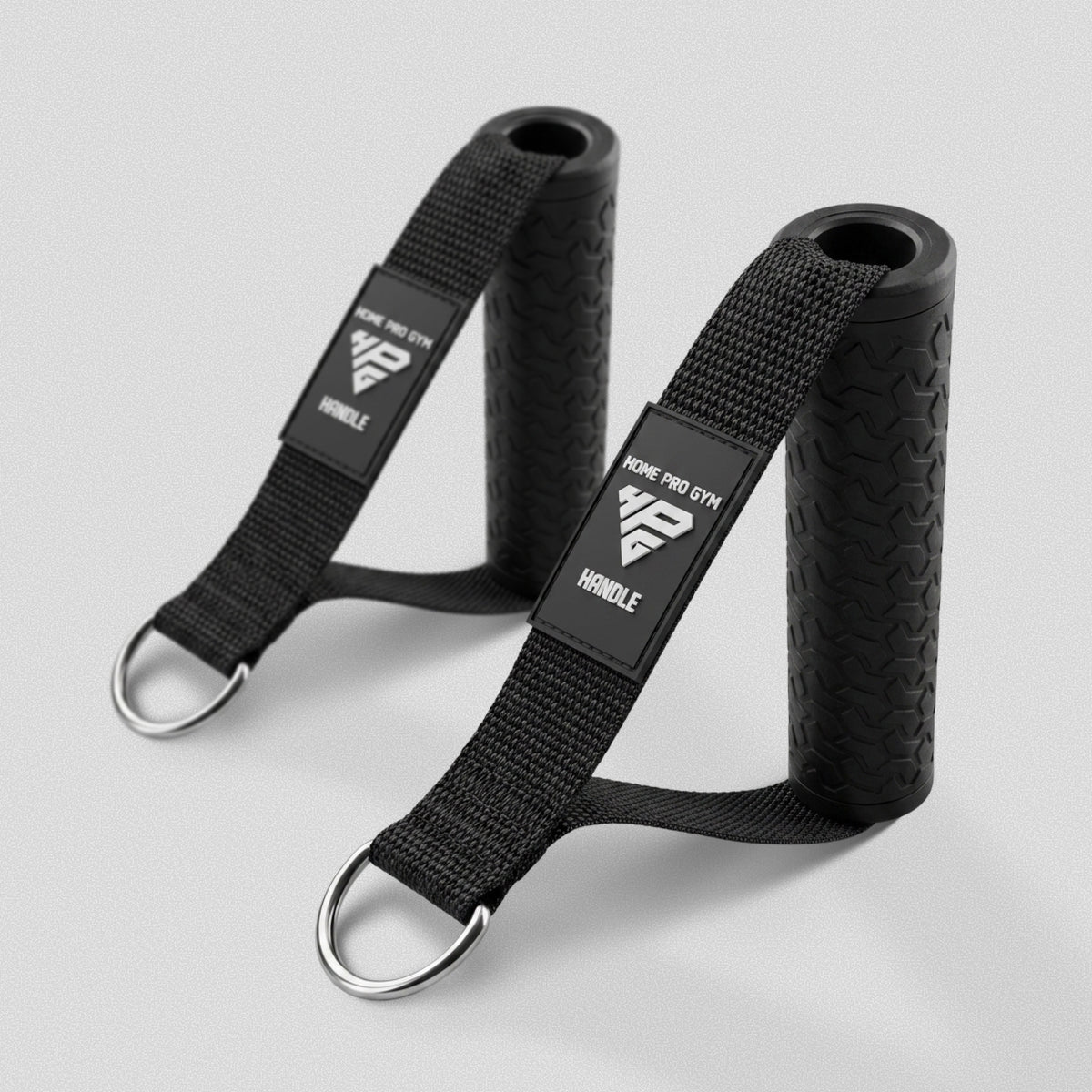 HomeProGym Premium Handles: pair of black textured grips on nylon straps with steel D-rings.