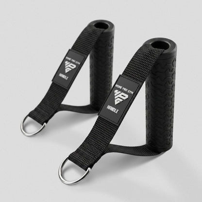 HomeProGym Premium Handles: pair of black textured grips on nylon straps with steel D-rings.