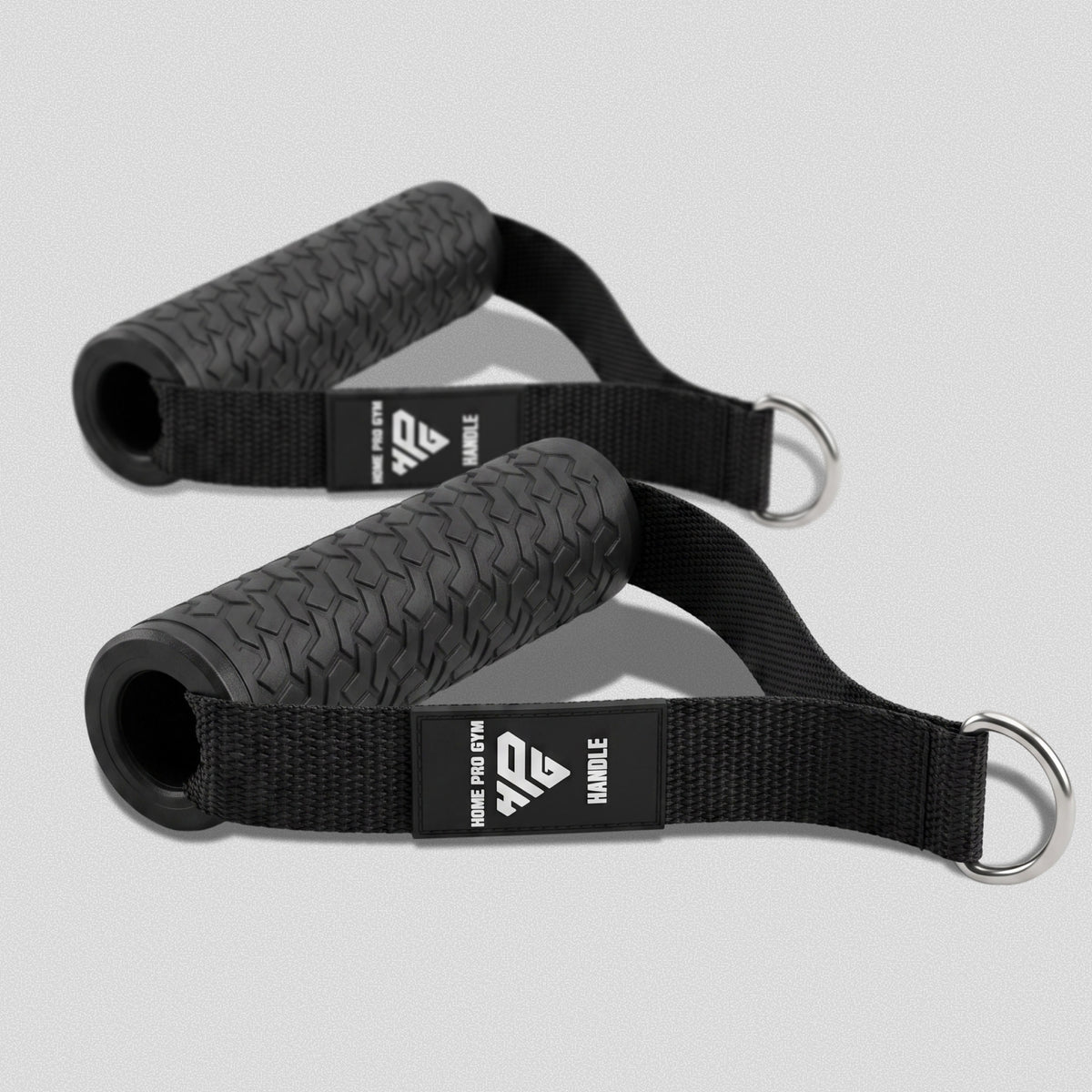 Pair of Premium Handles laid flat, showing the textured grip, label and D-rings.
