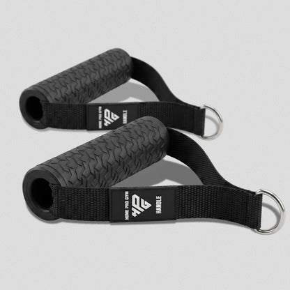 Pair of Premium Handles laid flat, showing the textured grip, label and D-rings.