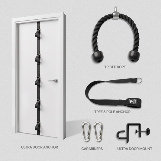 Pro Accessories Bundle: Ultra Door Anchor, Tricep Rope, Tree & Pole Anchor, two Carabiners and Ultra Door Mount.