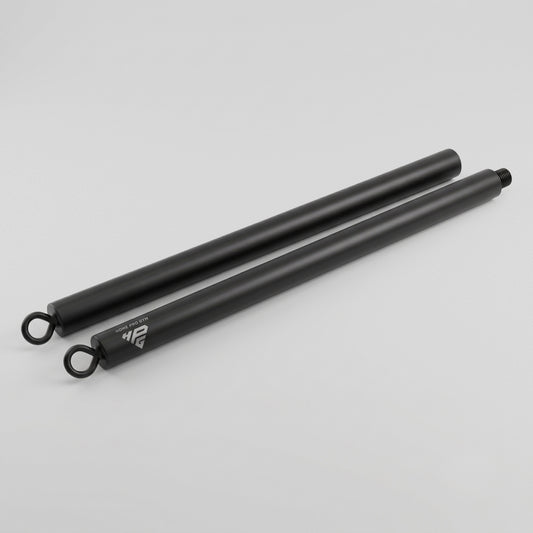HomeProGym Resistance Band Bar: two black steel halves with eye-bolt ends, shown unassembled.