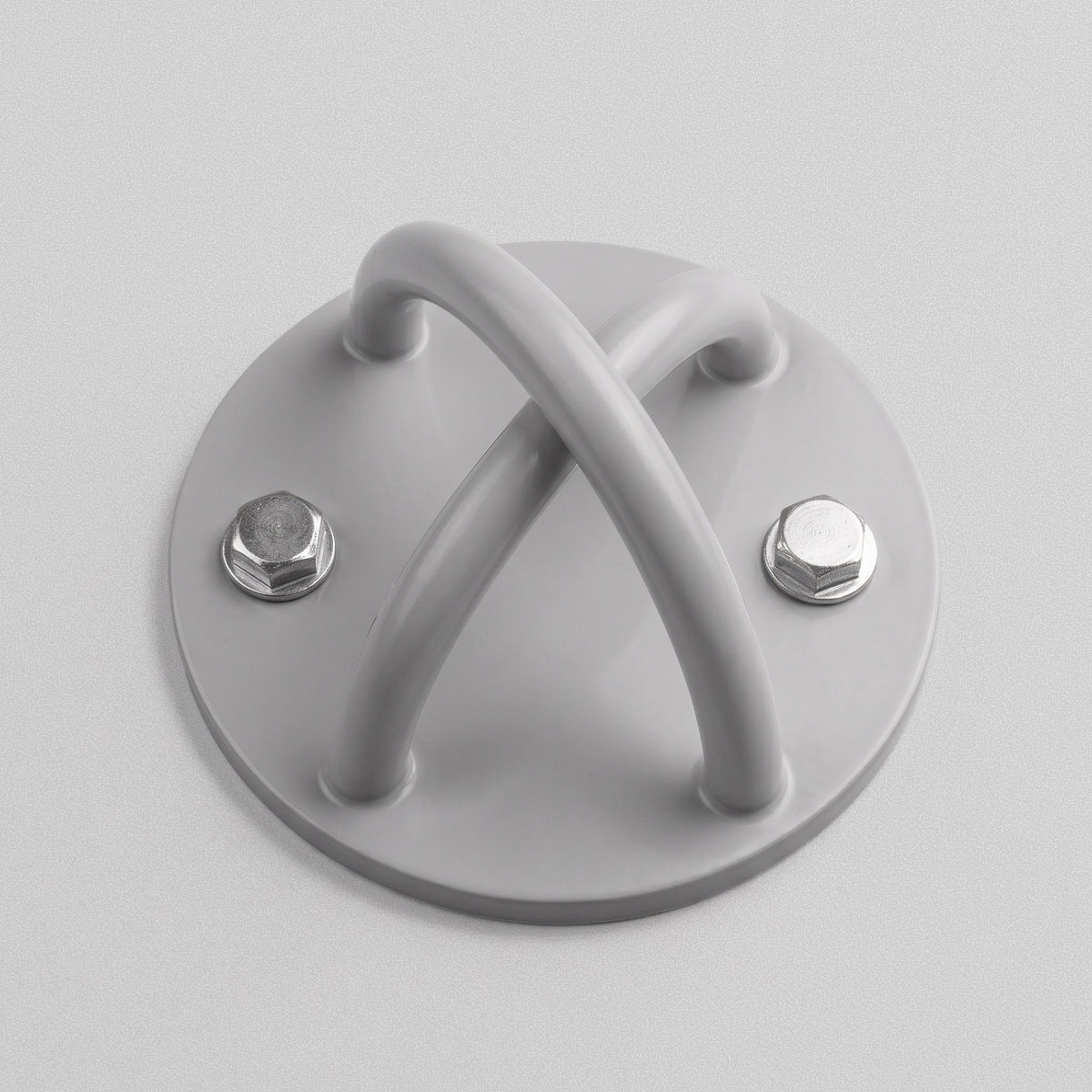 HomeProGym Roof Mount: round grey steel plate with a crossed anchor ring and two bolts.