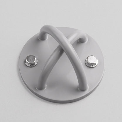 HomeProGym Roof Mount: round grey steel plate with a crossed anchor ring and two bolts.