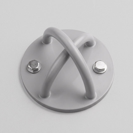 HomeProGym Roof Mount: round grey steel plate with a crossed anchor ring and two bolts.