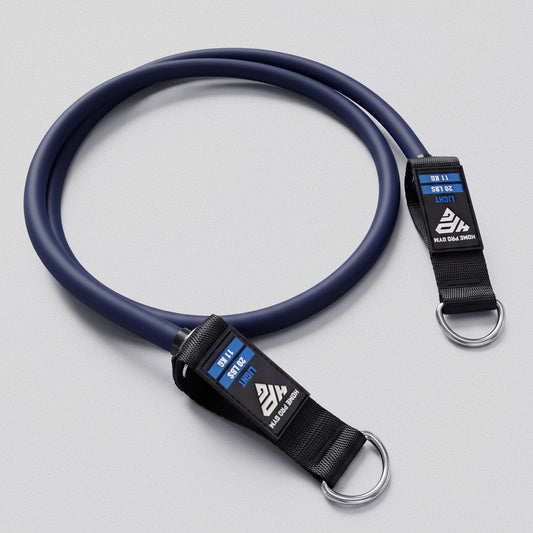 HomeProGym Light 20 lb (11 kg) blue tube resistance band with handles at both ends.