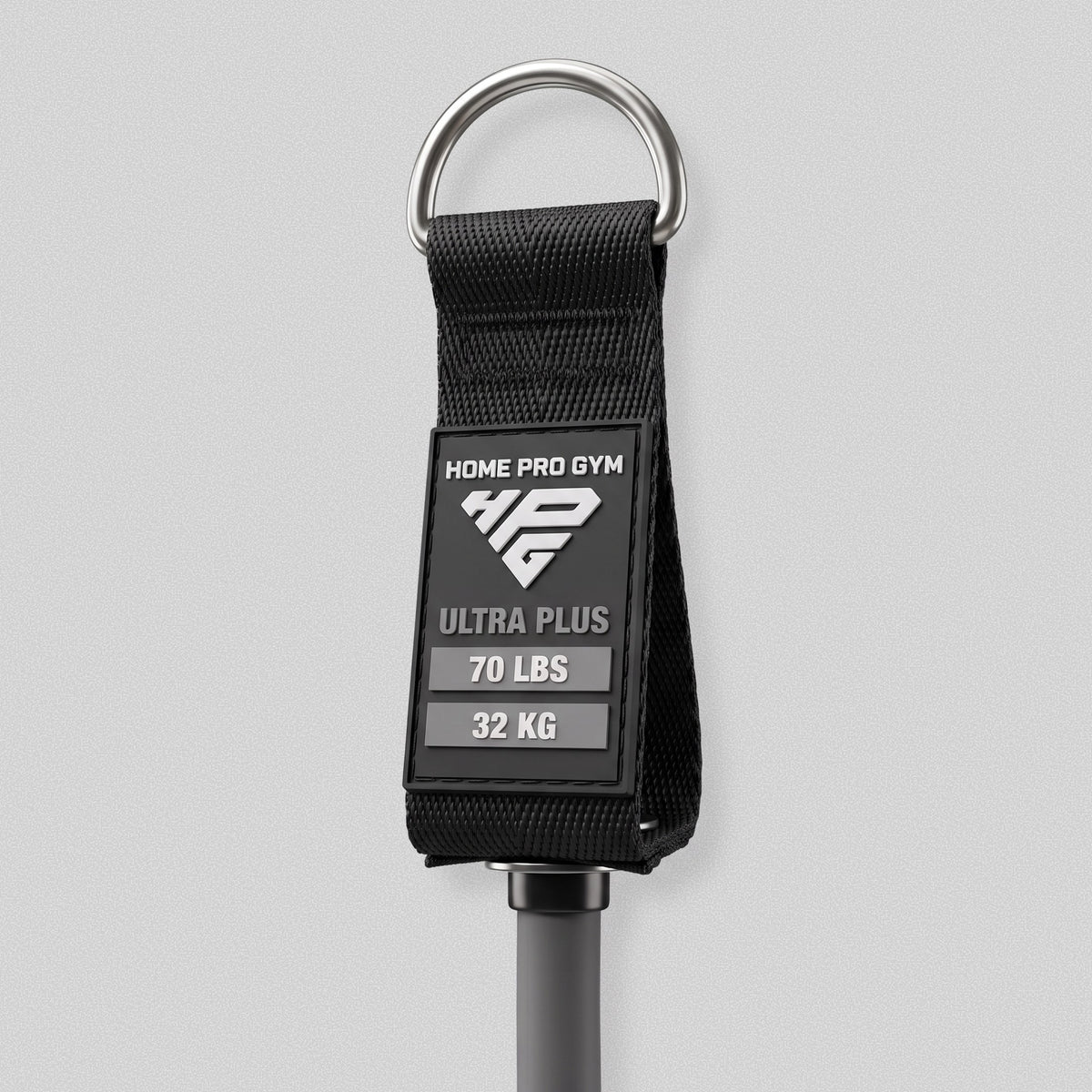 Handle tag on the HomeProGym grey resistance band: Ultra Plus, 70 lbs, 32 kg.