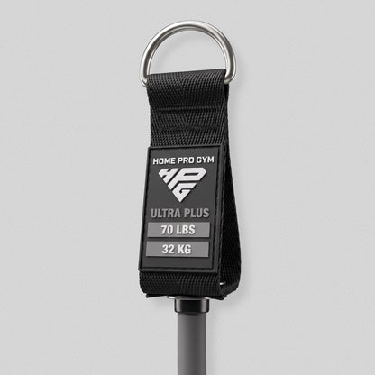 Handle tag on the HomeProGym grey resistance band: Ultra Plus, 70 lbs, 32 kg.
