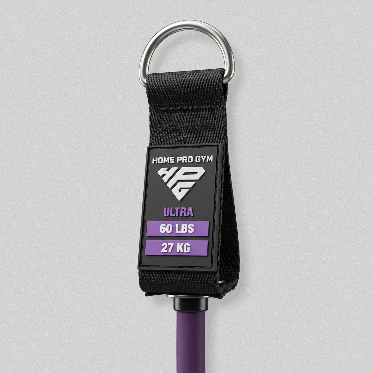 Handle tag on the HomeProGym purple resistance band: Ultra, 60 lbs, 27 kg.
