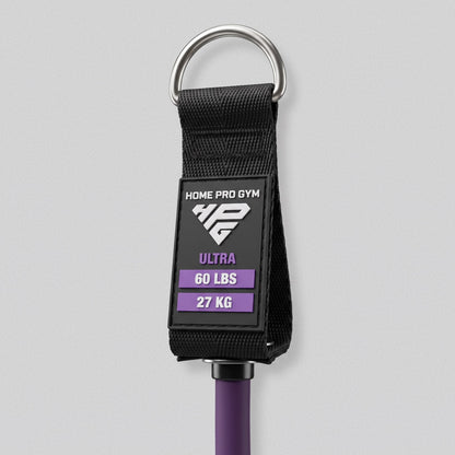 Handle tag on the HomeProGym purple resistance band: Ultra, 60 lbs, 27 kg.