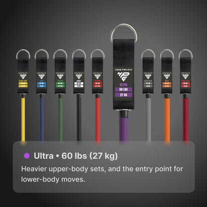 Ultra, 60 lbs (27 kg): heavier upper-body sets, and the entry point for lower-body moves.